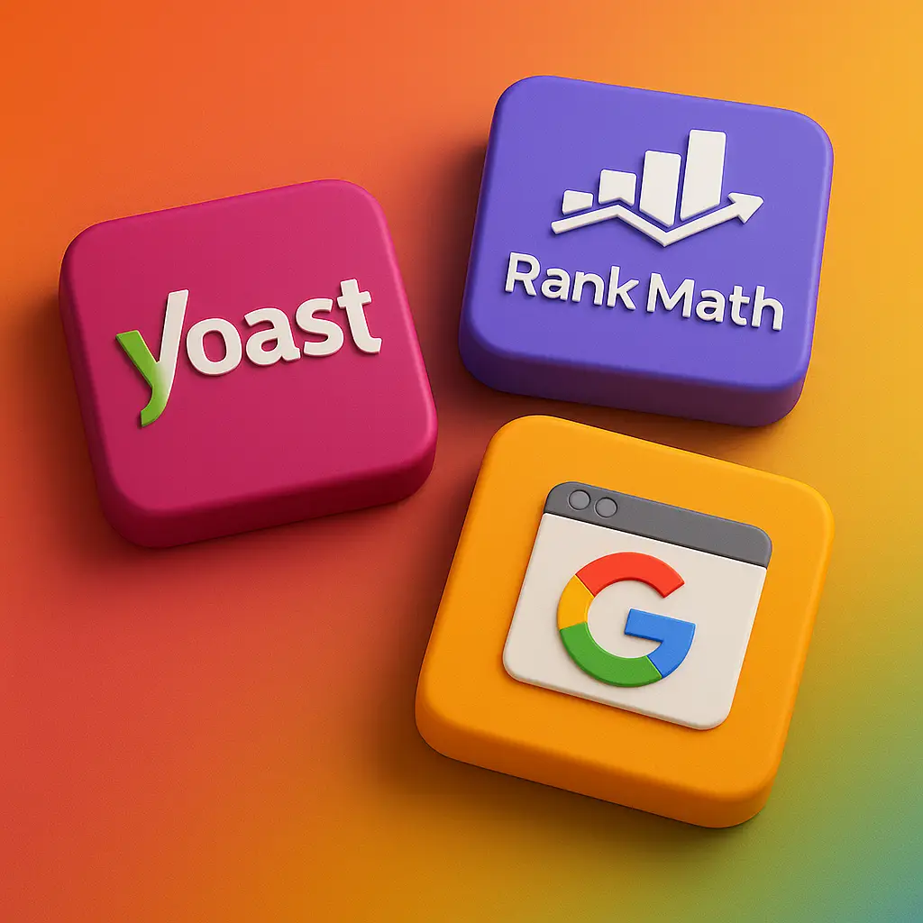 לוגואים של Yoast, Rank Math ו-Google Search Console בתצוגה תלת־ממדית – כלים חיוניים לניהול פירורי לחם ולשיפור דירוג אתרים בגוגל.