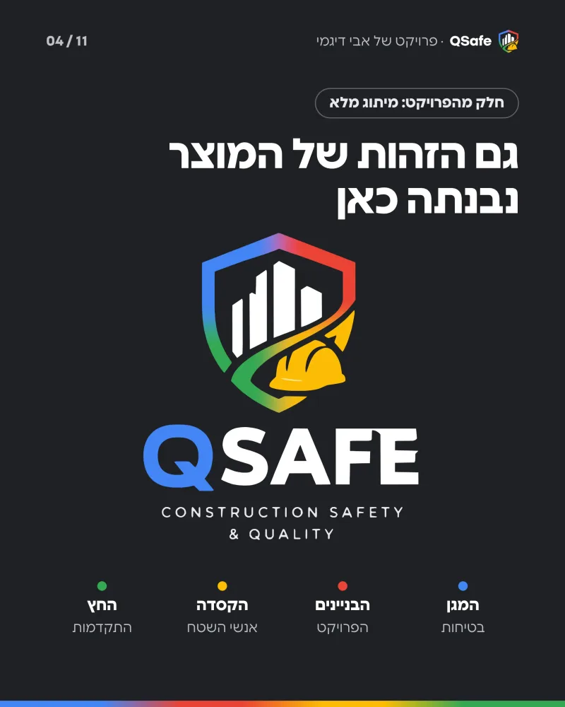 הלוגו של QSafe: מגן בארבעה צבעים עם קו רקיע של בניינים וקסדת בטיחות צהובה, ומתחתיו שם המוצר