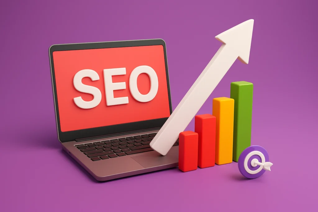 קידום אורגני - גרף תלת מימדי עם מחשב, חץ עולה ומטרה עסקית