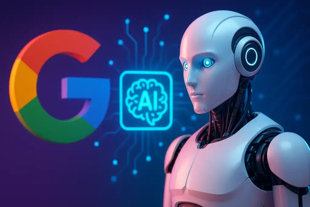 תמונה תלת־ממדית צבעונית בסגנון הייטקיסטי המציגה רובוט עתידני, לוגו גוגל ואלמנט של בינה מלאכותית.