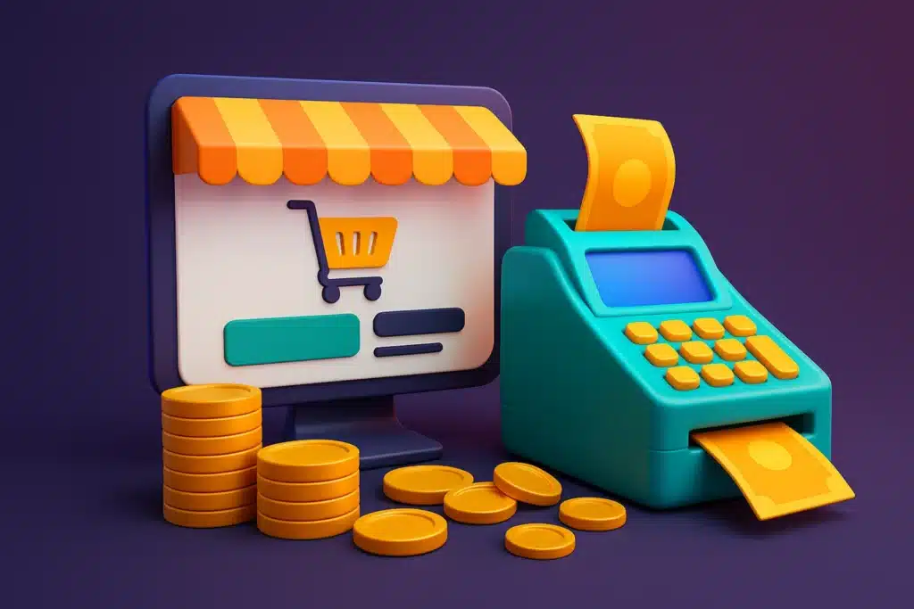 תמונה תלת־ממדית צבעונית המציגה אתר חנות דיגיטלית על מסך מחשב לצד קופה רושמת שמדפיסה שטרות ומוקפת מטבעות זהב. מייצגת חנות אונליין שמכניסה כסף וממחישה את הכוח של בניית אתר חנות רווחית.